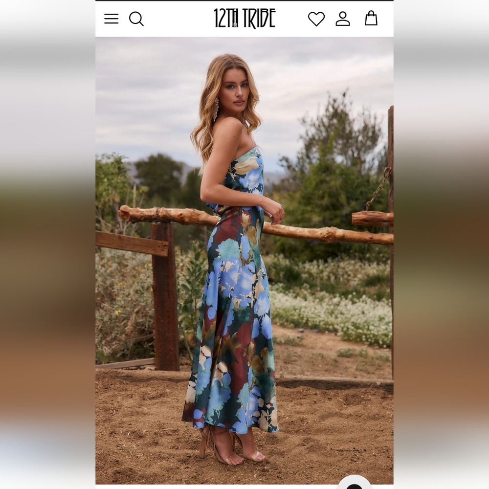 Blue Floral Printed Strapless Maxi Dress